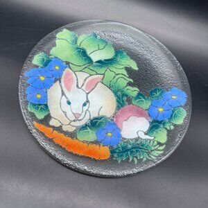 Peggy Karr Fused Glass Plate Easter Bunny Veggies White Rabbit Tray Platter